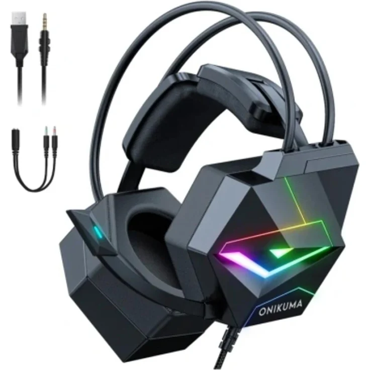 ONIKUMA X20 Gaming-Kopfhörer, Over-Ear mit RGB-Beleuchtung, Schwarz, USB- und 3,5-mm-Klinkenkabel