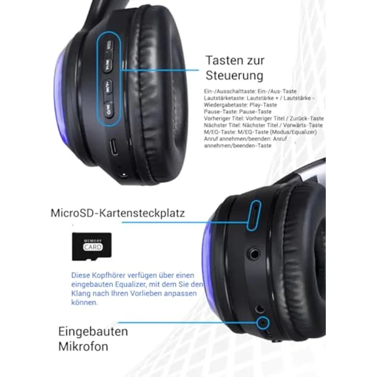 Defender Global Bluetooth Kopfhörer On/Over Ear, 32 Std Kabellos Bluetooth mit 6 EQ-Modi, HiFi Stereo, LED-Beleuchtung, Abnehmbares Mikrofon, Schwarz – Bild 4