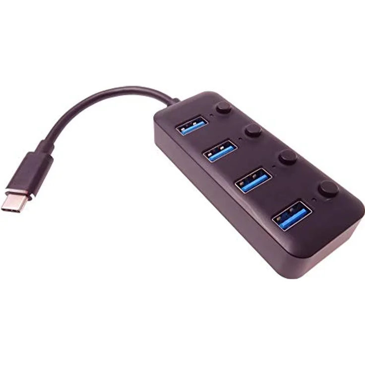 PremiumCord USB-C Hub auf 4X USB 3.0, Aluminiumgehäuse, Netzschalter, 5Gbps, SuperSpeed USB 3.1 Typ C, Farbe schwarz, Länge 20cm