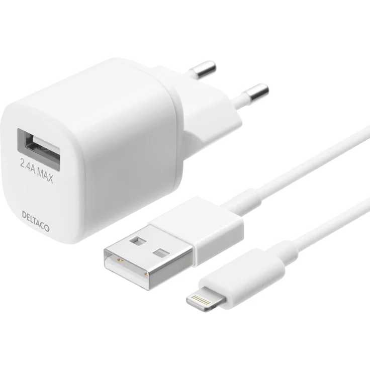 Deltaco USB-Wandladegerät USB-AC181, 12 W mit 2,4 A Ausgang, inkl. 1 m Lightning-Kabel für iPhone, Weiß