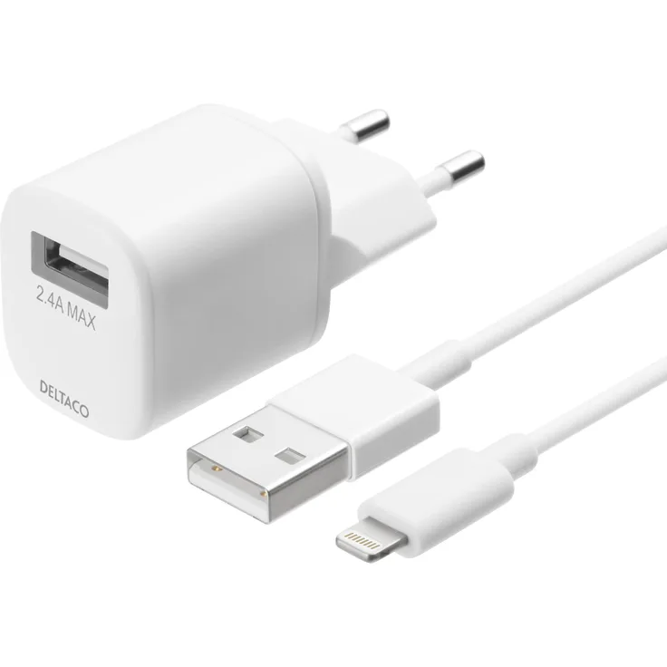 Deltaco USB-Wandladegerät USB-AC181, 12 W mit 2,4 A Ausgang, inkl. 1 m Lightning-Kabel für iPhone, Weiß