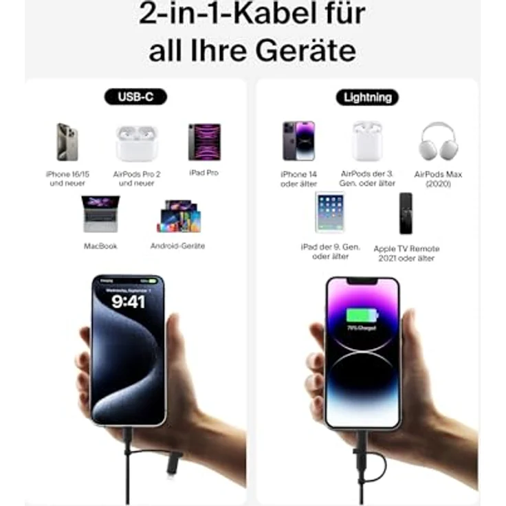 Belkin BoostCharge Pro, Multifunktions-USB Kabel 2-in-1 mit USB-C und Lightning Connector, 1,5m, Schwarz, 60W Schnellladung, Datenübertragung bis 480 Mbps – Bild 2