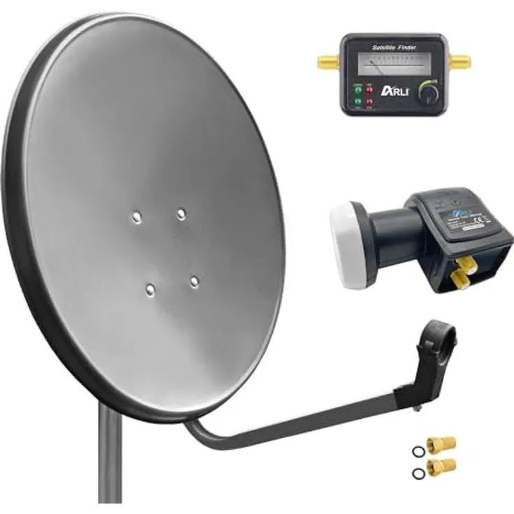 ARLI 60cm HD Satellitenantenne Twin LNB, grau, inkl. Satfinder & 2 F-Stecker, Digital, 2 Teilnehmer, UHD 4K