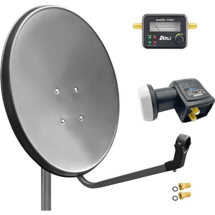 ARLI 60cm HD Satellitenantenne Twin LNB, grau, inkl. Satfinder & 2 F-Stecker, Digital, 2 Teilnehmer, UHD 4K – Bild 1