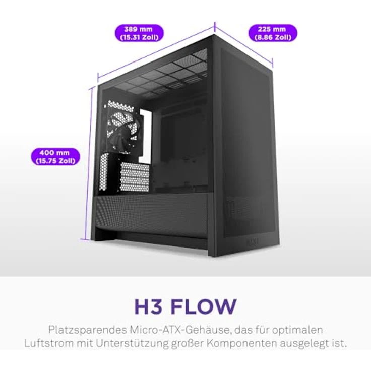 NZXT H3 Flow, Micro-ATX PC-Gehäuse mit hohem Luftstrom und umfangreicher Kühlungsunterstützung, schwarz – Bild 2