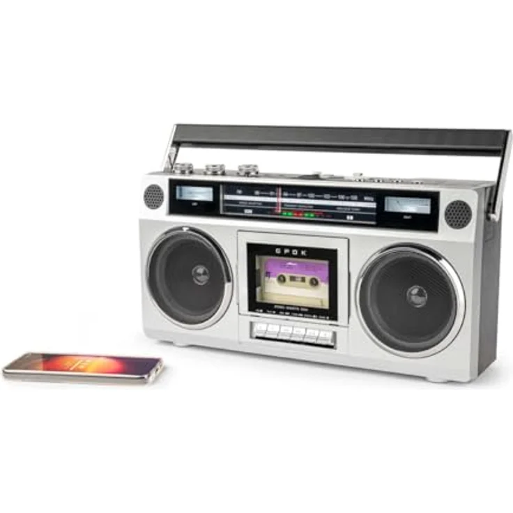 Bigben Retro Ghetto Blaster, Speaker mit FM Radio und Bluetooth, grau, Kassettenspieler – Bild 2