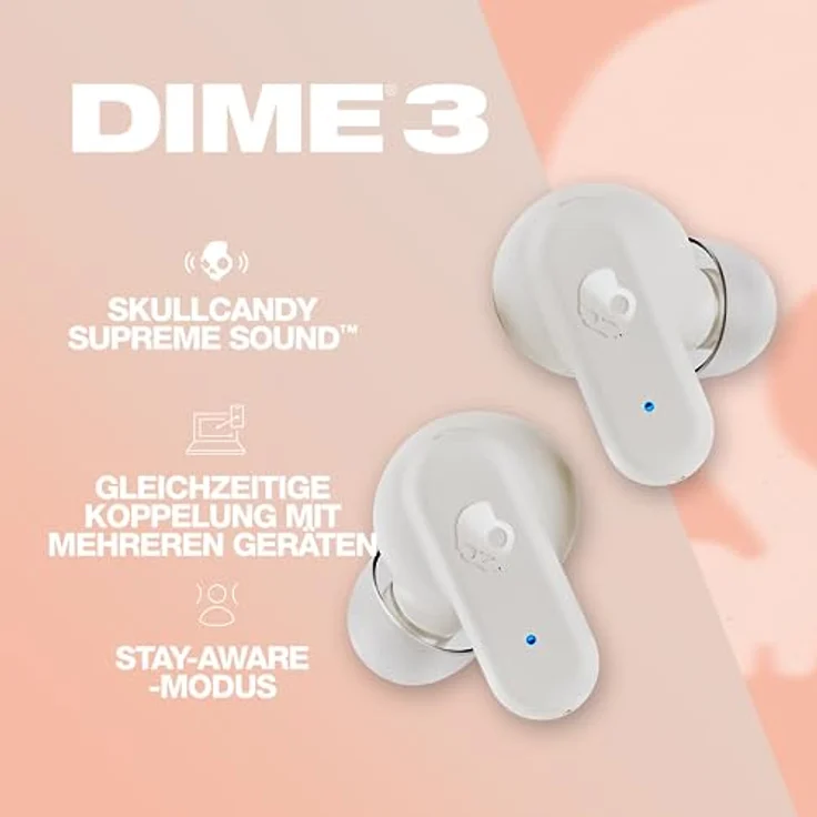 Skullcandy Dime 3 In-Ear Wireless-Kopfhörer, 20 Std. Akkulaufzeit, Mikro, kompatibel mit iPhone, Android und Bluetooth-Geräten - Weiß – Bild 2
