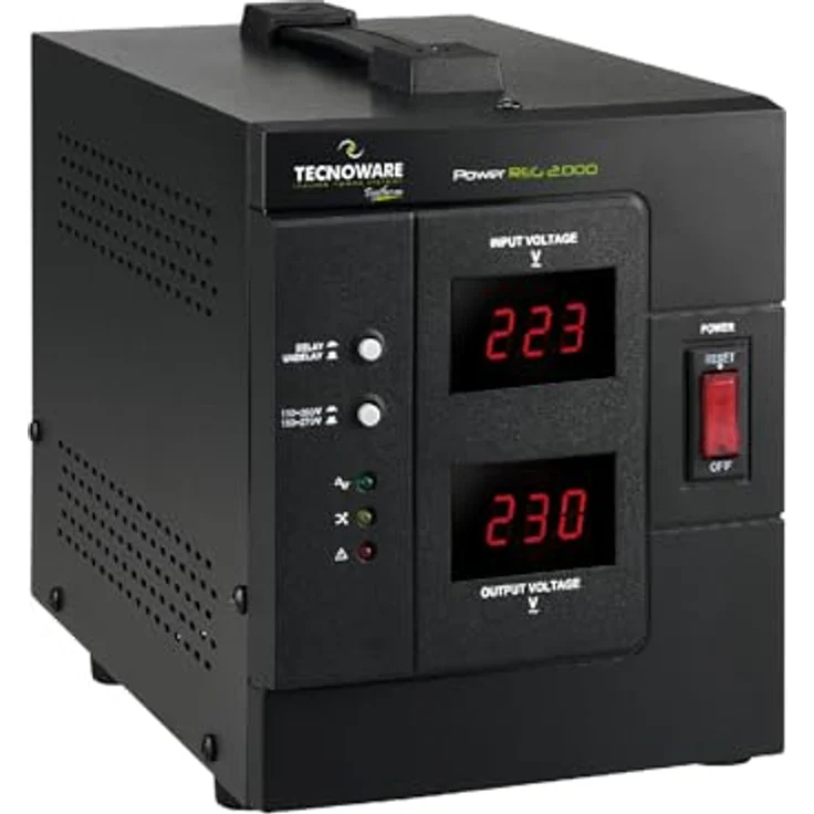 Tecnoware Power Reg 2000VA, Spannungsregler mit 2 AC-Ausgängen und LCD-Display, schwarz – Bild 1