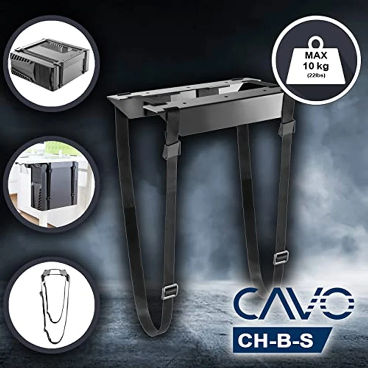 CAVO Desktop PC-Halterung CH-B-S, schwarze Stahlhalterung mit reißfesten Gurten für alle PC-Größen bis 10 kg – Bild 2