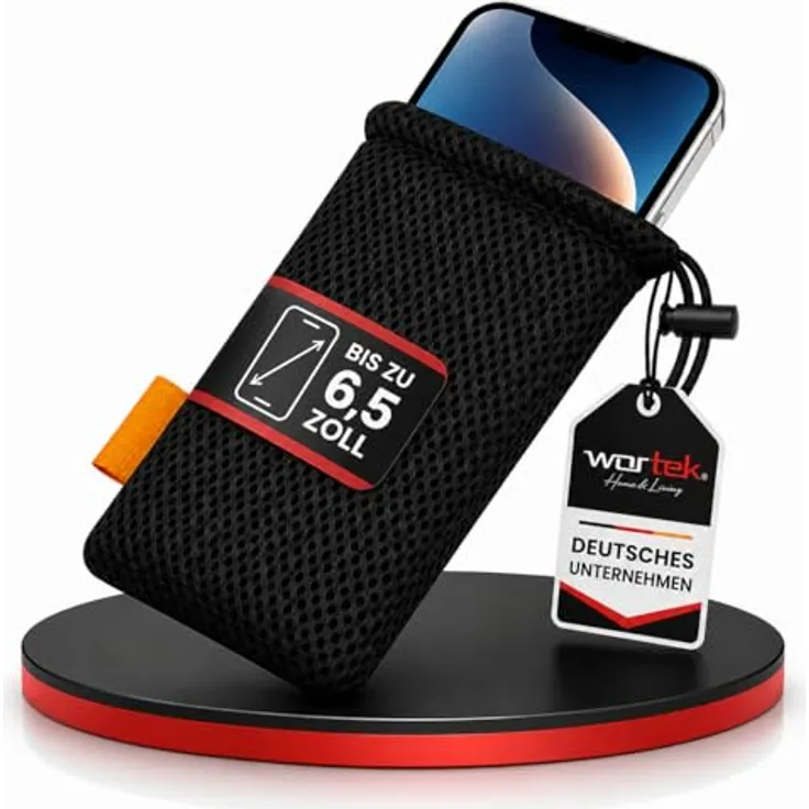 wortek Universal Handytasche 18,5 x 9 cm, Handysocke für Smartphones bis 6,5 Zoll, elastisches Nylon Mesh, schwarz