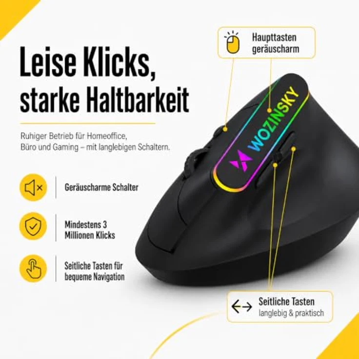Wozinsky WMG-1164 Gaming-Maus, kabellos mit 2,4 GHz & Bluetooth 5.0, ergonomisches 57° Vertikaldesign, 3600 DPI, RGB-Beleuchtung, schwarz – Bild 8