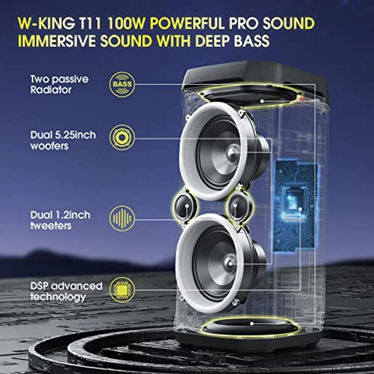 W-KING T11 100W Lautsprecher Groß V5.3, IPX6 Bluetooth Box Wasserdichter Party Musikbox with Deep Bass/110dB Huge Sound/DSP/Licht/Mikrofon- und Gitarrensteckplatz/Echo, Adapter Enthalten – Bild 2