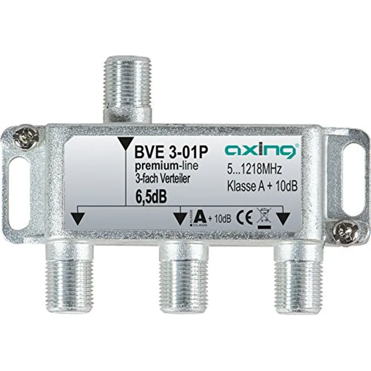 Axing BVE 3-01P 3-fach Verteiler Kabelfernsehen CATV Multimedia DVB-T2 Klasse A+, 10dB, 5-1218 MHz metall