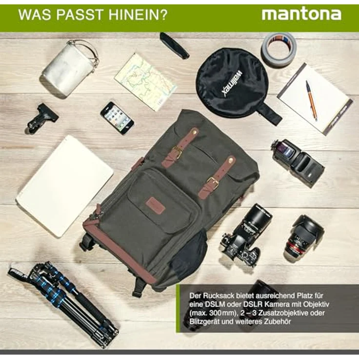 Mantona Luis Retro Fotorucksack (mit Echtleder-Applikationen, inkl. Regenschutzhülle, flexible Einteilung und Laptopfach, geeignet für 1x DSLR-Kamera, 3x Objektive und diverses Fotozubehör) grün – Bild 5
