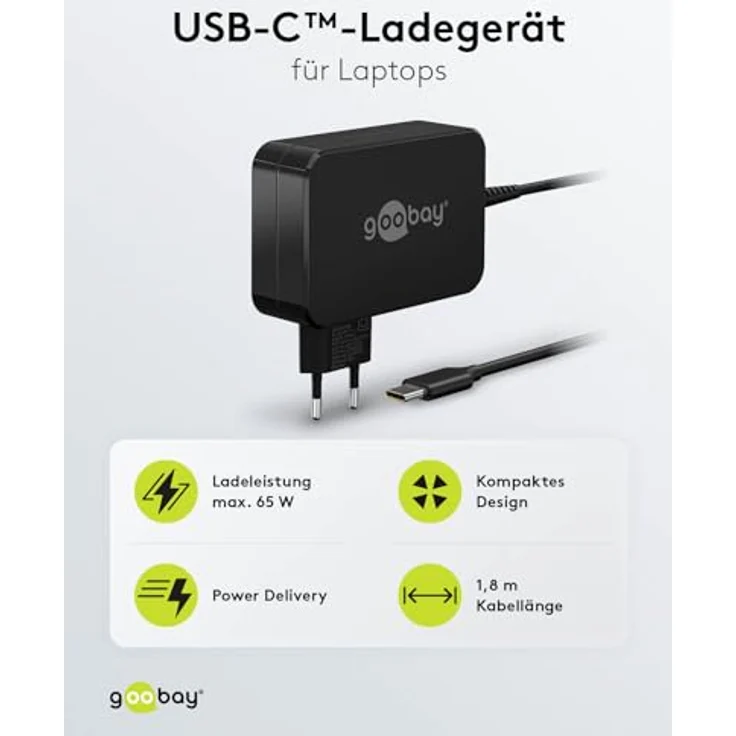 Goobay USB-C-Ladegerät für Laptops 65 W, kompaktes Notebook Netzteil mit Power Delivery 2.0, Schwarz – Bild 2