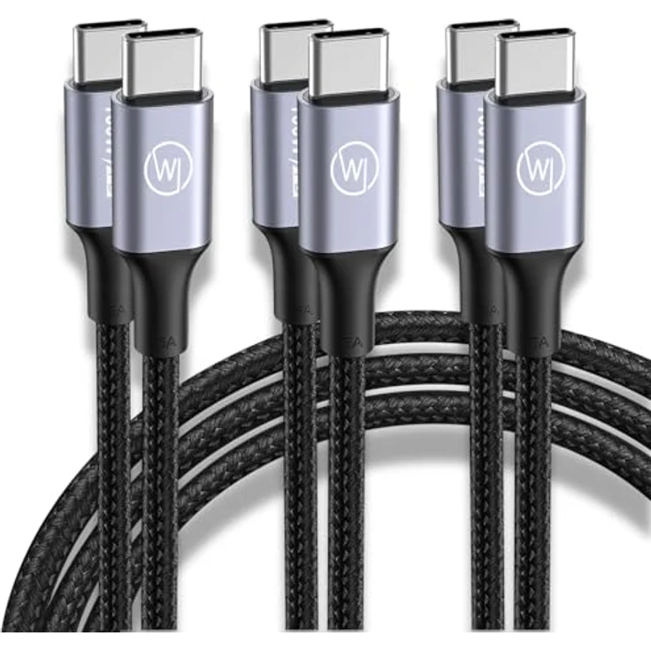 Wicked Chili 3x Dual USB-C Kabel 100W, 1m, schwarz, 4K@60Hz, USB-C 3.2 Gen2, 10 Gbps Datentransfer, Nylon Ladekabel für iPhone, MacBook und Samsung – Bild 1
