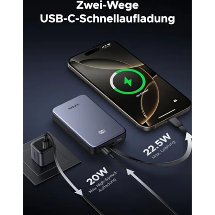 UGREEN Power Bank 20000mAh 22.5W, Powerbank mit integriertem USB-C Kabel, 1 USB-C, 1 USB-A, kompatibel mit iPhone 16 Pro/Pro Max/16/15/14 und Galaxy S24 Ultra – Bild 5