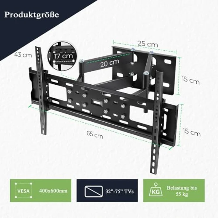 MK-Digital TV-Wandhalterung für 32-75 Zoll (81-189cm) Bildschirme bis zu 55kg Max VESA 600x400mm, LCD, LED Fernseher Wandhalterung Neigbar, Universal TV Halterung (Schwenkbar Neigbar 32-70 Zoll) – Bild 5