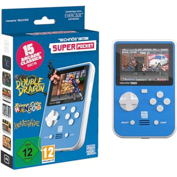 BLAZE EVERCADE TECHNOS SUPER POCKET, Handheld-Konsole mit 15 Arcade-Klassikern, weiß mit blauer Frontplatte, erweiterbar mit Evercade-Cartridges, 4+ Std. Akkulaufzeit – Bild 1