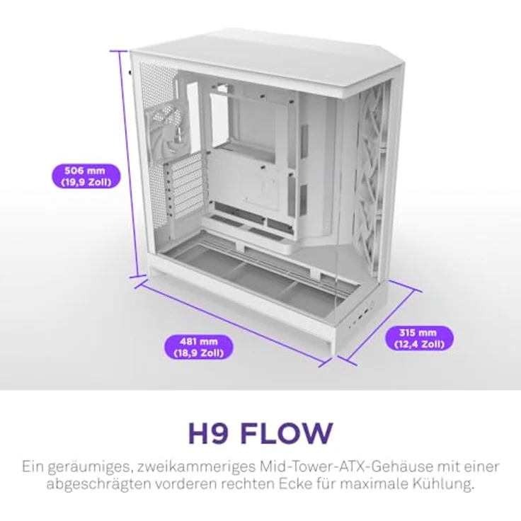 NZXT H9 Flow (2025), großes Dual-Kammer ATX Mid-Tower Airflow PC-Gehäuse mit 3 x 140mm und 1 x 120mm Lüfter, 420mm Radiatorunterstützung, gehärtetem Glas, Back-Connect bereit, weiß – Bild 2