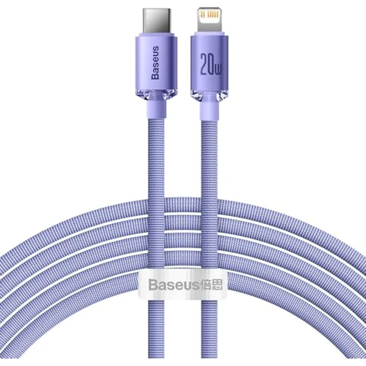 Baseus Crystal Kabel USB-C auf Lightning, 20W PD, 2m, violett, Hochgeschwindigkeitsdatenübertragung bis 480 Mbps, Überhitzungsschutz