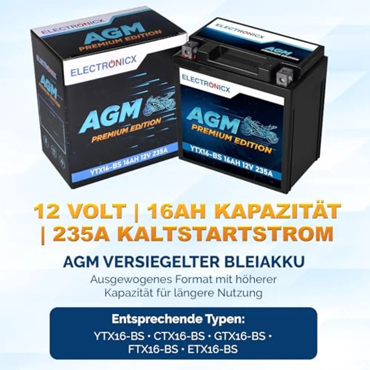 Electronicx YTX16-BS AGM Motorradbatterie 16Ah 12V – wartungsfrei, rüttelfest, auslaufsicher für Motorrad, Roller, Quad und ATV – Bild 5