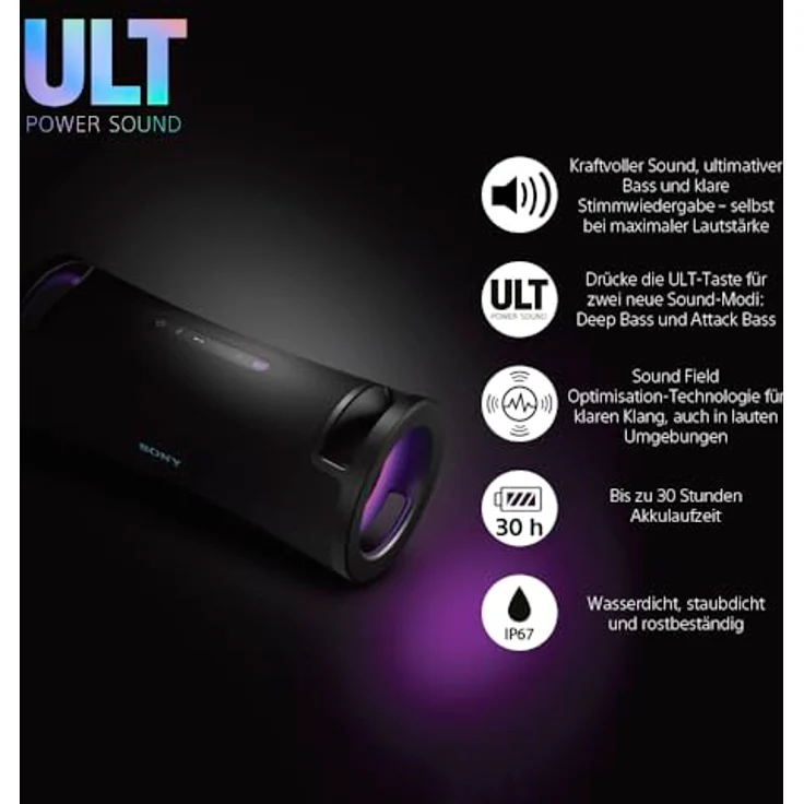 Sony ULT Field 7 - Kabelloser tragbarer Bluetooth-Lautsprecher mit ULT Power Sound, ultimativem Deep BASS, X Balanced Speaker, 30h Akku, IP67, wasserdicht, LED, Mikrofon, Gitarreneingang - Schwarz – Bild 2