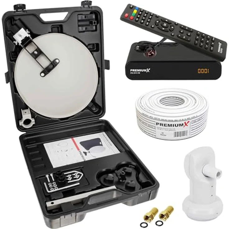 Premium X Camping SAT Anlage, komplett mit wettergeschützter Satelliten-Schüssel, TV Receiver mit HD/4K/3D Unterstützung, 10m Class A Kabel und F-Stecker, ideal für Wohnmobile im Koffer – Bild 1