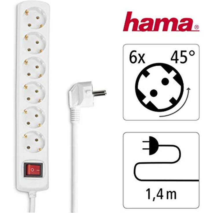 Hama Steckdosenleiste 6-fach (Mehrfachsteckdose mit Save Energy-Schalter zum Stromsparen, Steckplätze 45 Grad gedreht, Kabel 1,4m, GS geprüft) weiß – Bild 2