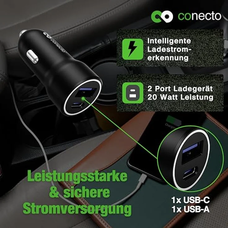 SatChef conecto USB-C KFZ Ladegerät, 12 V, 2 Port, 20W USB-C PD & 18W USB-A, GaN Schnellladegerät, automatische Ladestromerkennung, schwarz – Bild 2