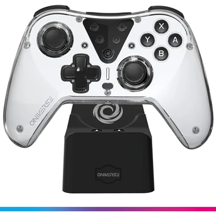 Oniverse Kabelloser Controller für Switch OLED Lite PC ANDROID iOS, Ladestation, Einstellbare Vibrationen, Makro-Tasten, Turbo-Modus, Wake-Up, 6-Achsen-Gyroskop, Astralite (Eridani White/Weiß)
