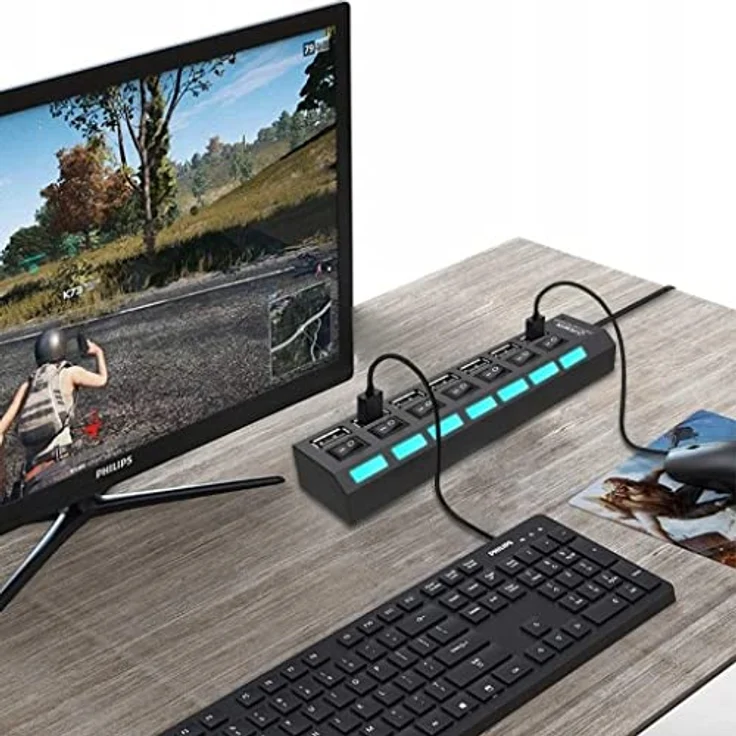 Retoo Hub USB 2.0 7 Port Adapter mit Power Schalter und LED - PC Laptop Powerbank USB Mehrfach Ports Verteiler mit Langes Kabel Multiport – Bild 5