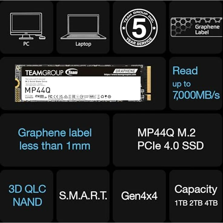 TEAMGROUP MP44Q SLC Gen 4x4 M.2 2280 PCIe 4.0 NVMe SSD, Lese-/Schreibgeschwindigkeit bis zu 7400/6200 MB/s, 1 TB geheugen, mit 5 Jahren Garantie – Bild 5