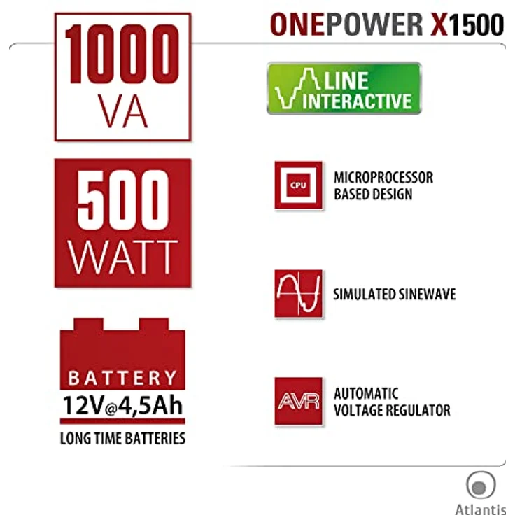 Atlantis UPS X1500, Leistung 1000VA, 500W, Line Interactive – Bild 5