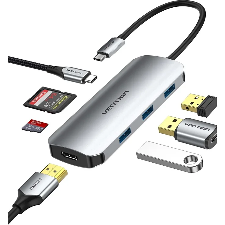 Vention 7-in-1 USB-C Docking Station, Grau, mit 4K HDMI, 3x USB 3.0, SD/TF Kartenleser und 100W Power Delivery
