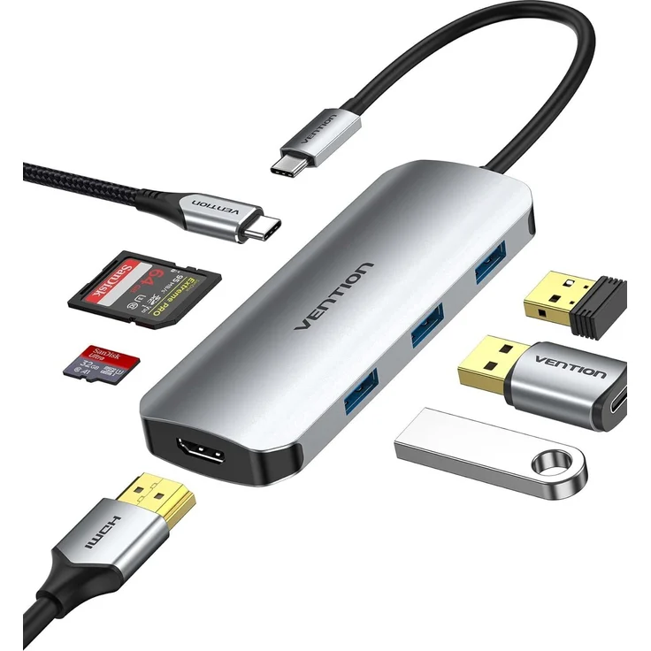 Vention 7-in-1 USB-C Docking Station, Grau, mit 4K HDMI, 3x USB 3.0, SD/TF Kartenleser und 100W Power Delivery