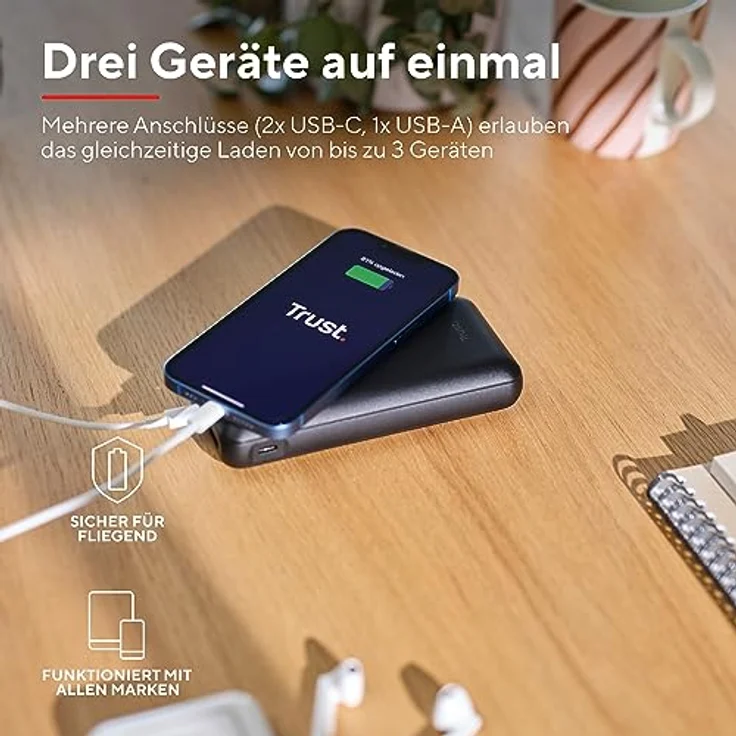 Trust Redoh 20000mAh 20W Powerbank Schnellladefunktion, PD 18W USB-C, QC 3.0 USB, 50% Recyclingkunststoff, Inklusive Kabel, Power Bank Handy, iPhone, iPad, Samsung, Xiaomi, Tablet - Schwarz – Bild 5
