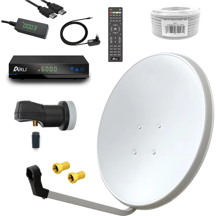 ARLI HD Sat Anlage 60 cm Weiß, Komplettset mit Receiver, LNB, 10 m Kabel & F-Stecker, für 1 Teilnehmer, DVB-S2 Full HD