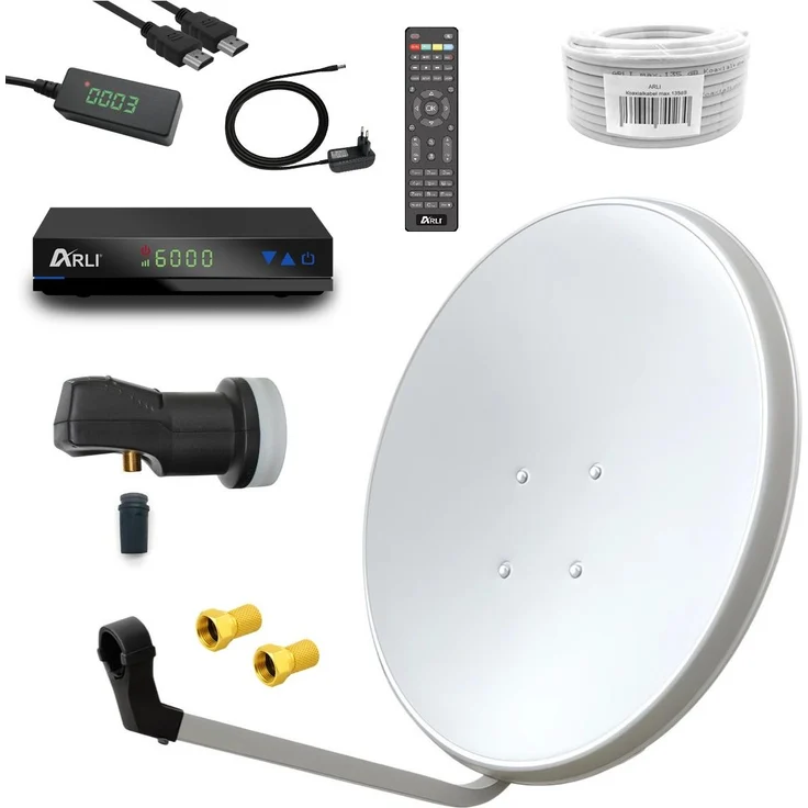 ARLI HD Sat Anlage 60 cm Weiß, Komplettset mit Receiver, LNB, 10 m Kabel & F-Stecker, für 1 Teilnehmer, DVB-S2 Full HD