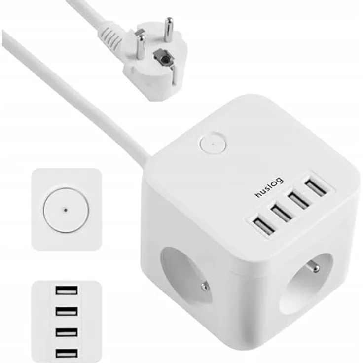 Huslog Mehrfachsteckdose Würfel 7-in-1 mit 3 Steckdosen & 4 USB-Anschlüssen, 1,5m Kabel, Mikroschalter mit LED, rutschfest, Weiß
