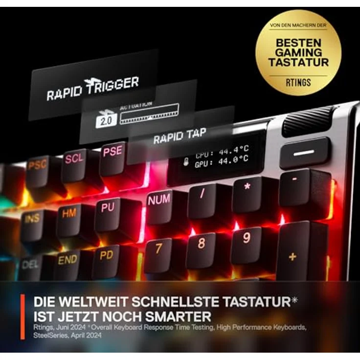 SteelSeries Apex Pro Gen 3 HyperMagnetic Gaming-Tastatur - OmniPoint 3.0 Switches - anpassbares Ansprechverhalten - Rapid Trigger - Rapid Tap/SOCD - OLED - RGB - PBT-Keycaps - DE Layout QWERTZ – Bild 2