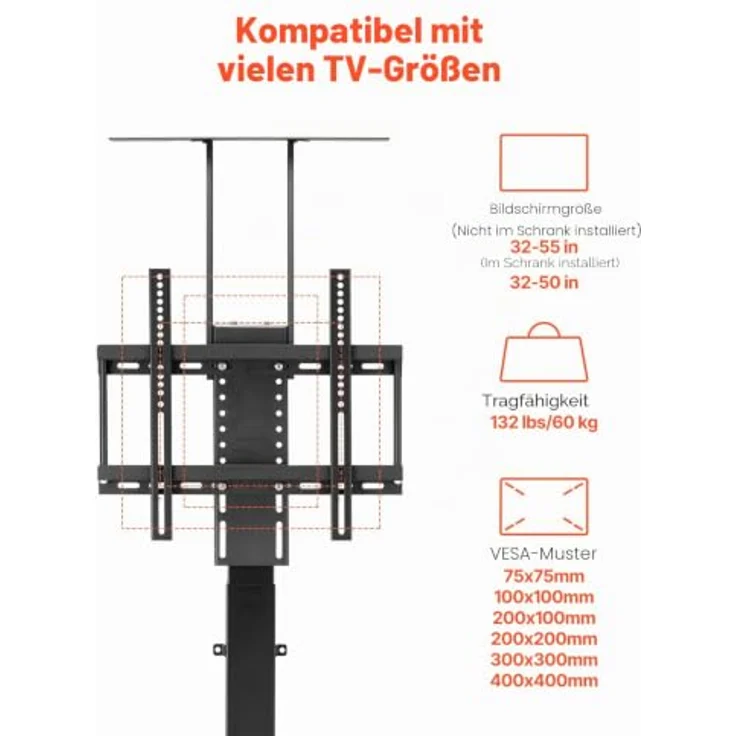 VEVOR Motorisierter TV-Liftständer, verstellbare Halterung für 32-55 Zoll Fernseher, 60 kg Traglast, elektrische Höhenverstellung mit Fernbedienung, pulverbeschichteter Stahl – Bild 3