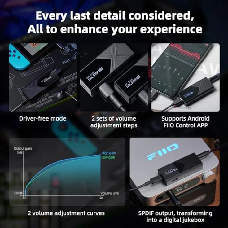 FiiO KA17, USB-DAC und Kopfhörerverstärker mit Gain-Schalter, hochpräzisem PEQ und 16-Core XMOS Chip, schwarz – Bild 8