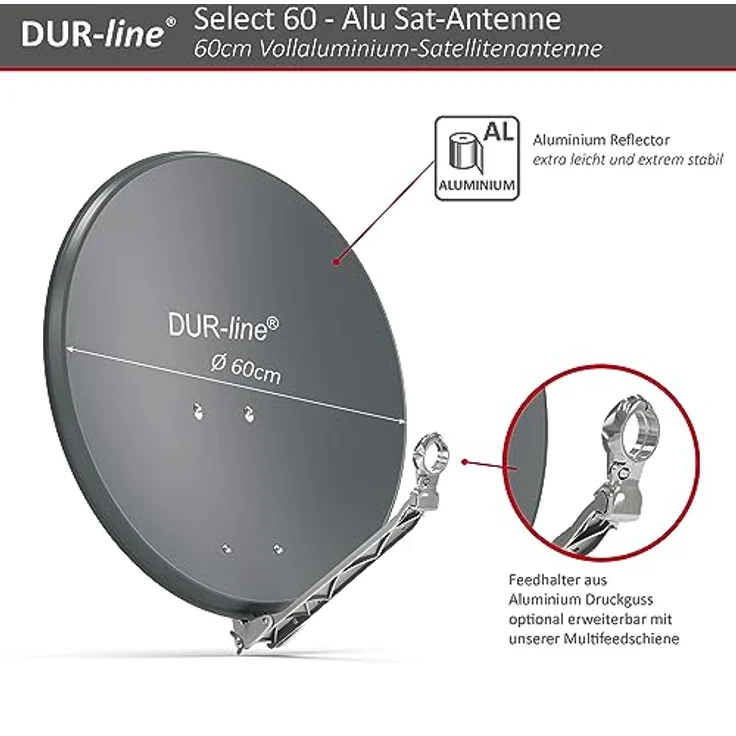 DUR-line 2 Teilnehmer Set - Qualitäts-Alu-Satelliten-Komplettanlage - Select 60/65cm Spiegel/Schüssel Anthrazit + Twin LNB - für 2 Receiver/TV [Neuste Technik, DVB-S2, 4K, 3D] – Bild 3