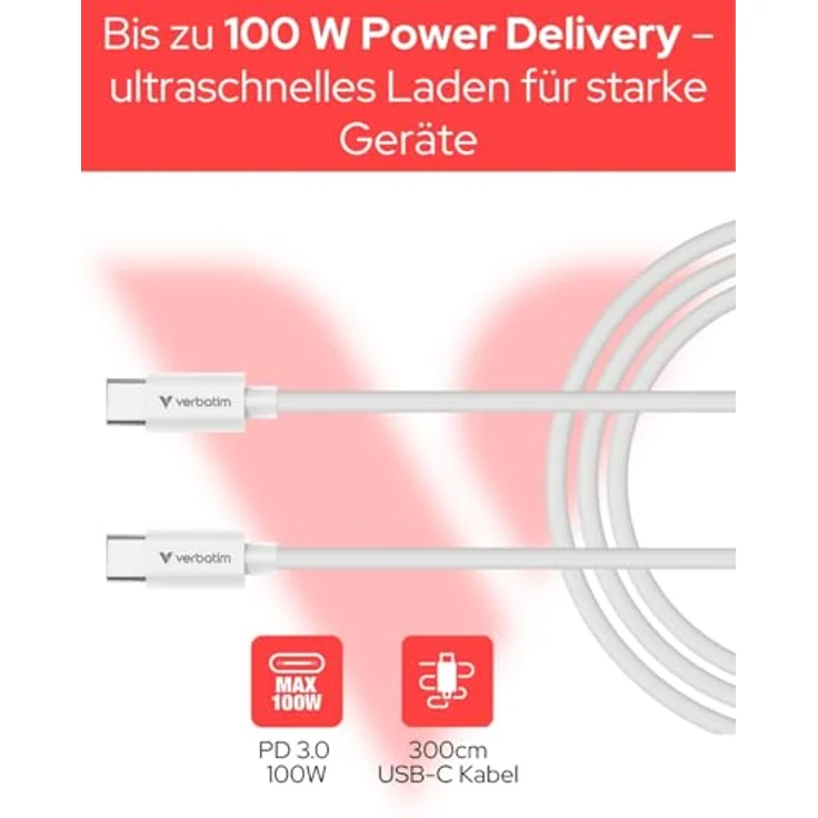 Verbatim Essentials USB-C auf USB-C Kabel, 3,0m, 480Mbit/s, 100W QC, weiss – Bild 2