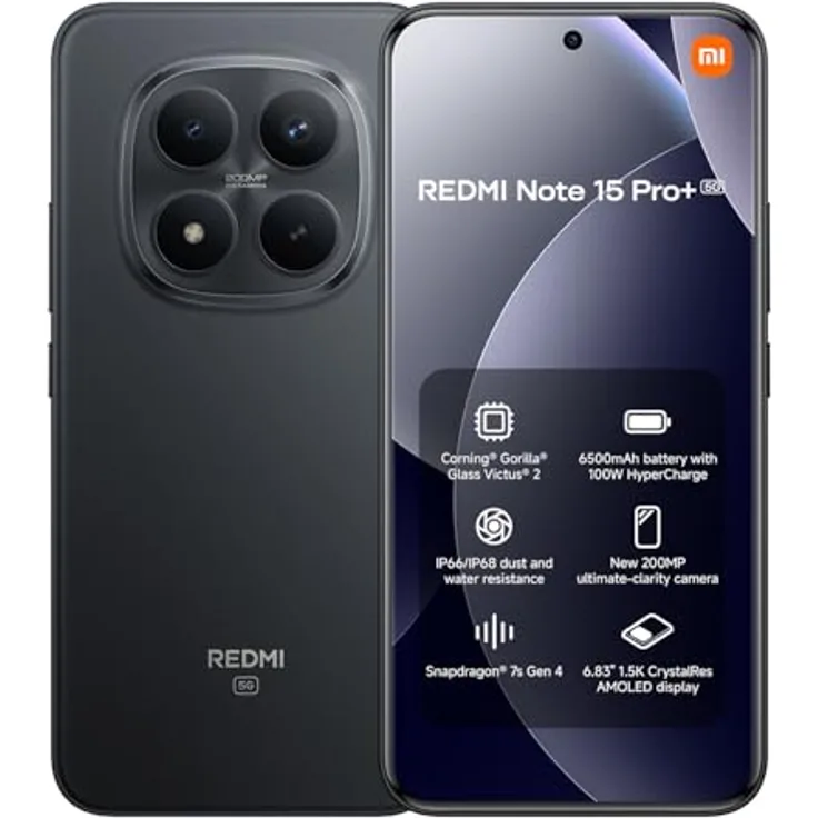XIAOMI Redmi Note 15 Pro+ 5G, Smartphone mit 12 GB RAM und 512 GB Speicher, Schwarz (ohne Netzteil)