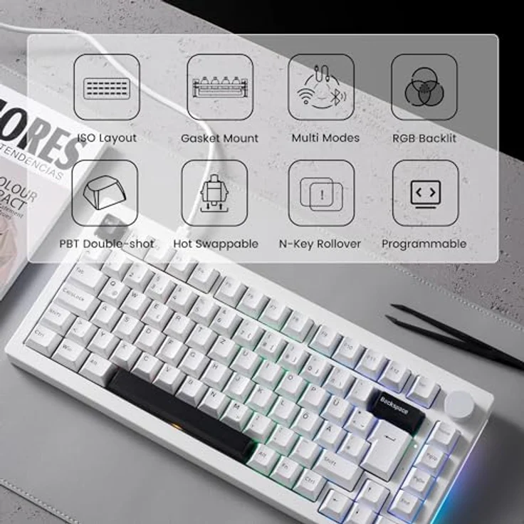 AKKO 5075B RGB Gaming Tastatur, Lavendar Purple Pro Switches, Hot Swap fähig, ISO DE/UK/Nordic, schwarz & weiß, 2,4 GHz / Bluetooth 5.0, 4.500 mAh Akku – Bild 2