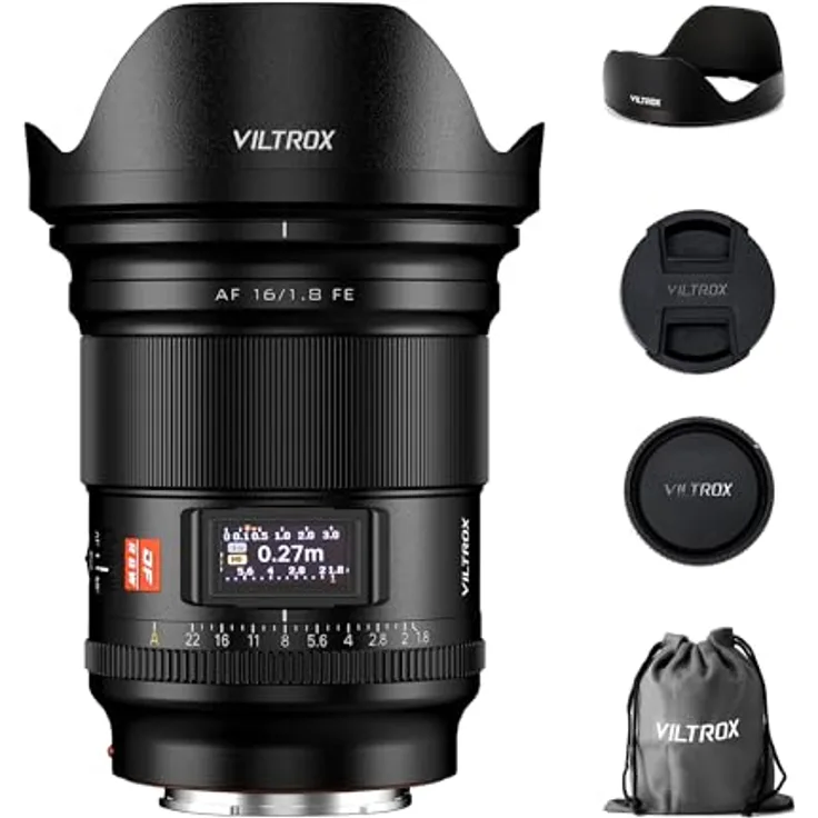 VILTROX AF 16mm F1.8 FE Objektiv, großes Vollformat-Weitwinkelobjektiv mit LCD-Display für Sony E-Mount Kameras, 16 mm Brennweite, präziser Autofokus