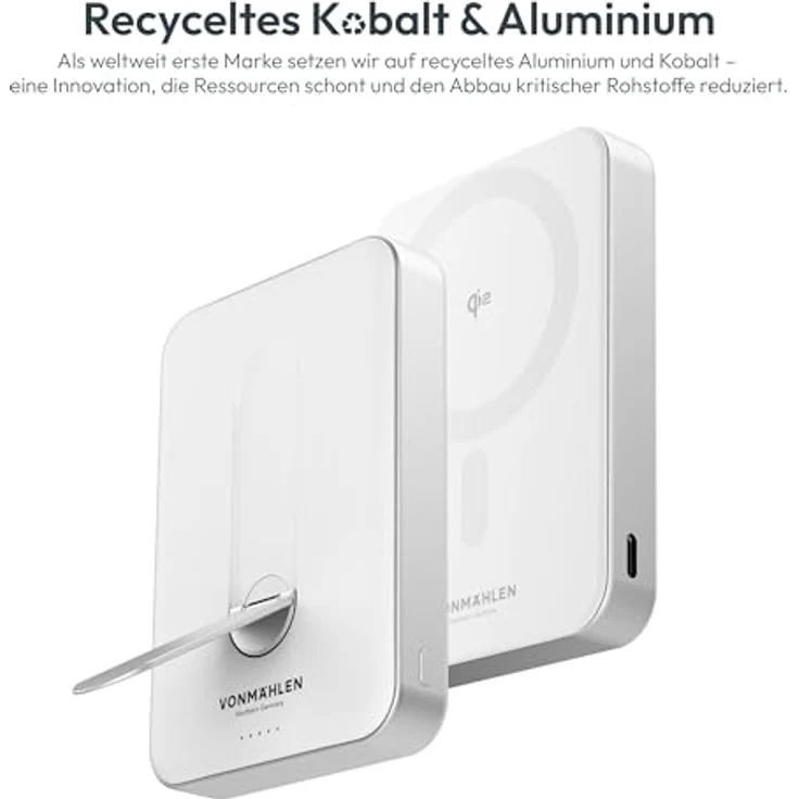 VONMÄHLEN Evergreen Mag, 10.000 mAh Qi2-Powerbank mit Kickstand, 15W kabelloses Laden, 20W USB-C, integrierter Standfuß, LCO-Akku, 3 Jahre Garantie – Weiß – Bild 5