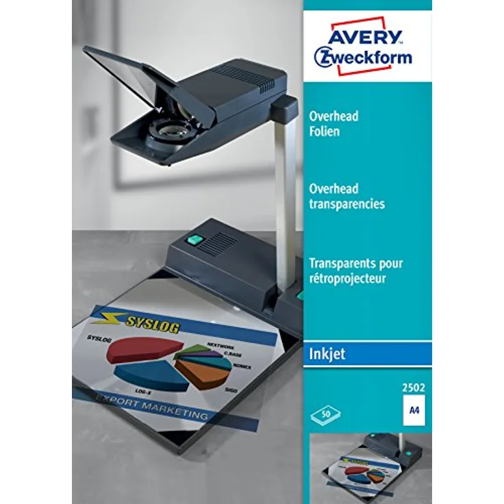 AVERY Zweckform 2502 Overhead-Folien für Inkjetdrucker (50 Transparentfolien, A4, spezialbeschichtet, stapelverarbeitbar, schnelle Farbaufnahme ohne Verschmieren und Verlaufen, Folienstärke 0,11mm)